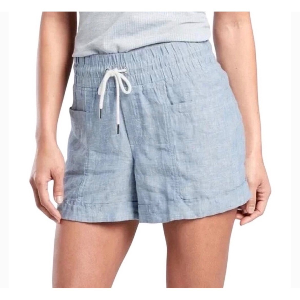 Athleta Cabo Linen 4" Short Blue Chambray Womens Size 16 Drawstring 100% Linen